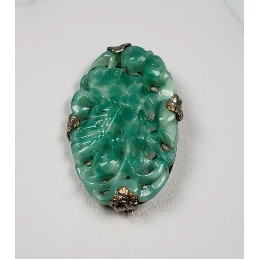 Vintage 1900 - 1920 Art Deco Carved Butterfly Jadeite Jade Silver Tone Brooch - Picture 4 of 14